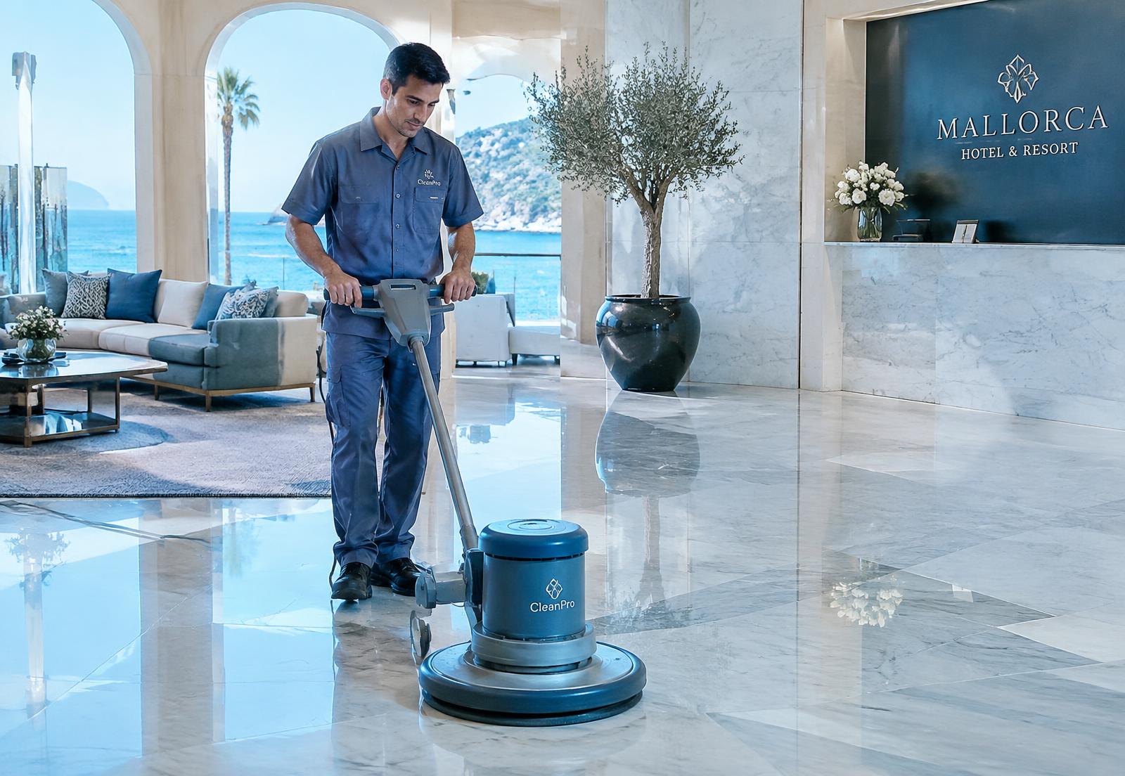 Técnico de Limpiezas D10 puliendo suelo de mármol en un hotel de Mallorca